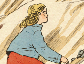 color illustration of blonde woman in blue shirt and red pants climbing a hill
